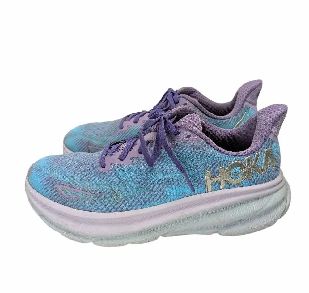 Hoka Clifton 9 Purple & Blue athletic active running shoes womens 8.5